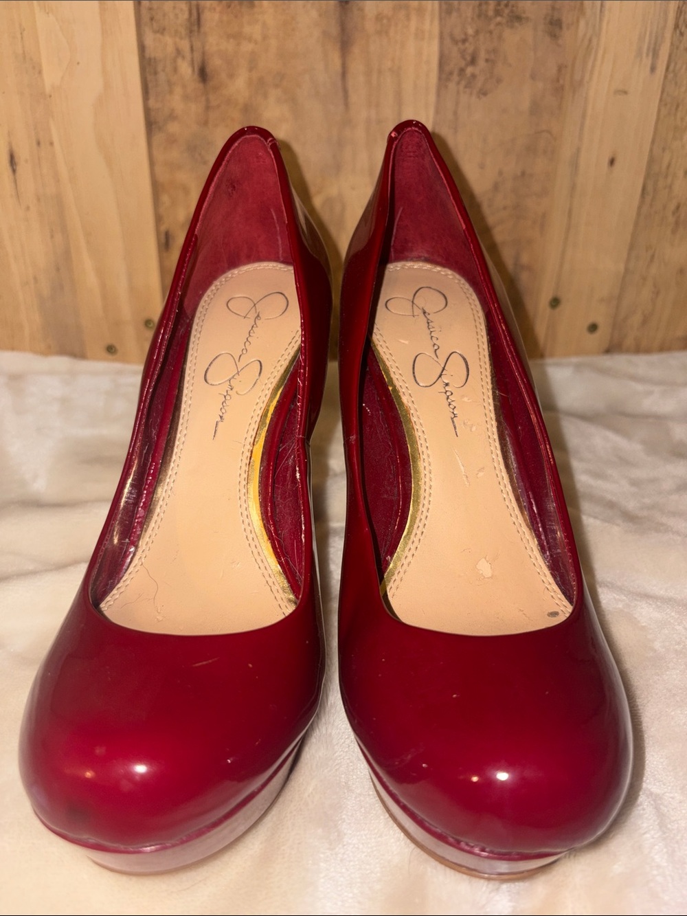 #138 Jessica Simpson Cherry Red Patent Round-Toe Pumps
